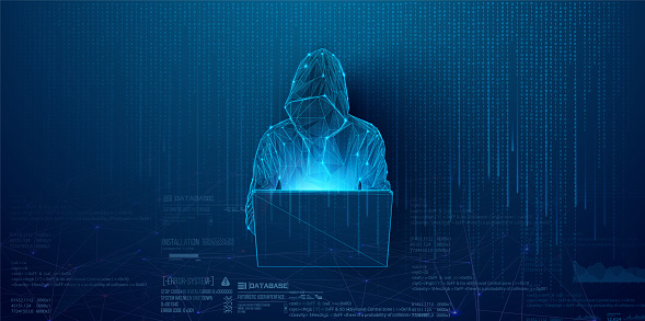 Cyber hacker. Digital Cybersecurity Concept with Hooded Hacker and Computer Interface on Dark Background. Spy anonymous. Fraud security. Laptop silhouette. Vector illustration