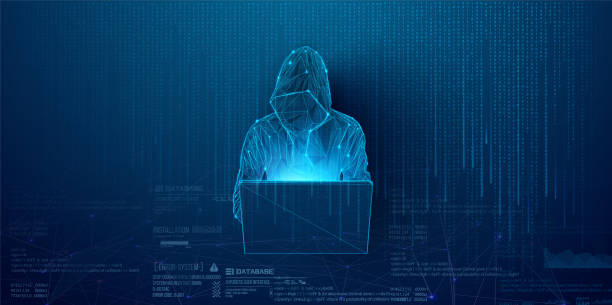 Cyber hacker. Digital Cybersecurity Concept with Hooded Hacker Cyber hacker. Digital Cybersecurity Concept with Hooded Hacker and Computer Interface on Dark Background. Spy anonymous. Fraud security. Laptop silhouette. Vector illustration hacker laptop stock illustrations
