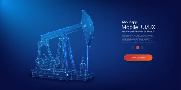 cyfrowy plan działającej wieży wiertniczej: fuzja przemysłu energetycznego i technologii. - fracking oil rig industry exploration stock illustrations