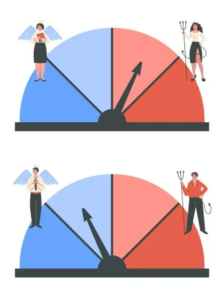 Vector illustration of Devil and angel man and woman on balancing scale, good and bad people positive and negative thinking vector illustration