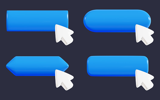 Mouse cursor pointer click on blue button 3d render illustration set. Rectangle long pushbutton with rounded and beveled corners and empty space for text with white select and press arrow.