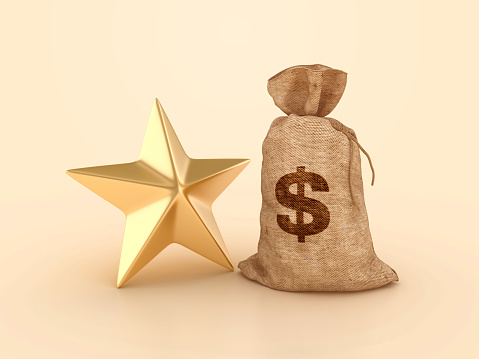 3D Star with Dollar Money Sack - Color Background - 3D Rendering