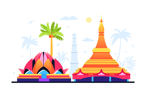 Lotus Temple and Vipassana Pagoda - modern colored vector illustration with monument and meditation hall in Mumbai and Bahai house of worship, landmark of Delhi and India. Oriental monuments idea