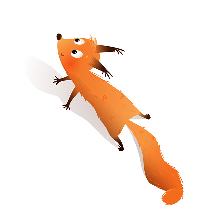 Squirrel character design for children. Cute and playful squirrel climbing and playing. Furry forest animal friend for kids. Vector childish illustration in watercolor style.