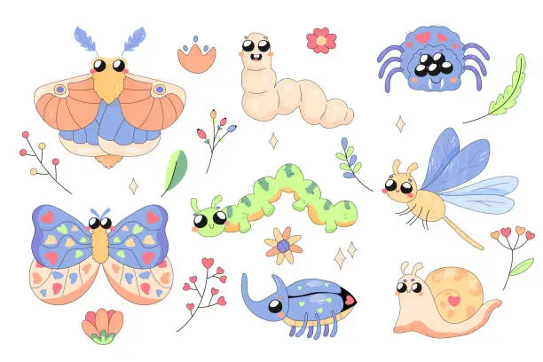 Vector illustration of A set of cute insects, bugs, moth, spider, worm, butterfly, for stickers, prints, children's characters.