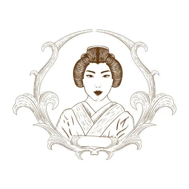 Vector illustration of Vintage Sketch Beauty Japanese Woman Geisha with Ornament Illustration