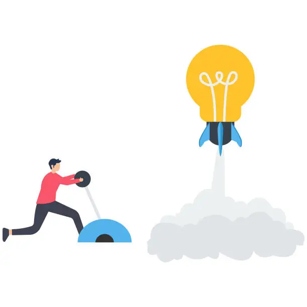 Vector illustration of Launch New Ideas, Innovation to launch new ideas, entrepreneurship or startup, creativity to begin business or breakthrough idea concept, innovative rocket launch, bright lightbulb idea.