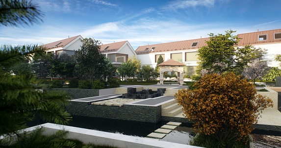 Digitally generated courtyard of a modern housing complex is bathed in the soft light of dawn. The architectural design features a combination of minimalist water features, carefully landscaped vegetation, and a series of walkways that create a tranquil urban oasis. The buildings surrounding the courtyard have steep roofs and a clean, contemporary finish, indicating a residential area designed with both aesthetics and function in mind.\n\nThe scene was created in Autodesk® 3ds Max 2024 with V-Ray 6 and rendered with photorealistic shaders and lighting in Chaos® Vantage with some post-production added.