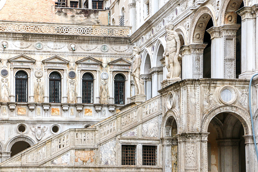 The Giants' Staircase (Scala dei Giganti) of Doges Palace guarded by two colossal statues of Mars and Neptune, which represents Venice's power by land and by sea