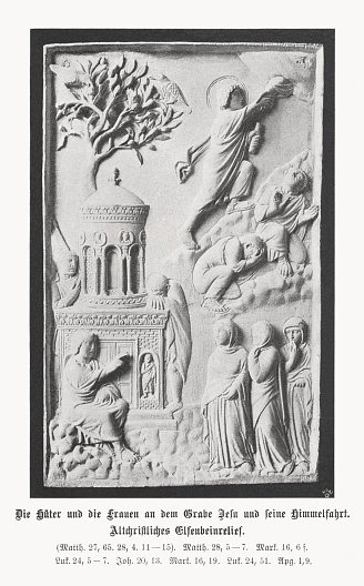 Early Christian ivory relief with biblical scenes: The guards and the women at the tomb of Jesus and the Ascension of Jesus. Halftone print based on a photograph, published in 1899.