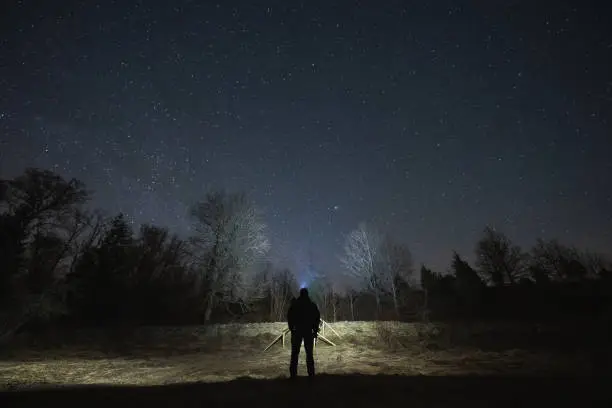 Night scene, landscape astrophoto, Estonian nature. A man with a headlamp in a field. High quality photo