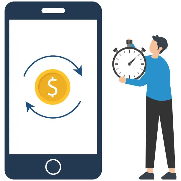 Vector illustration of Fast money transaction, Person using mobile app for financial transaction, transfer income, fast money service, money exchange