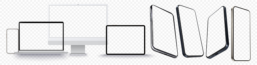 Set mockups of technology devices laptop, phone, pc, tablet with empty display, device screen mockup collection. Vector illustration