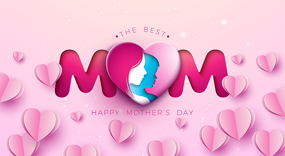 Happy Mothers Day Greeting Card Design with Heart and Woman Face and Child Silhouette on Light Pink Background. Vector Mothers Day Illustration for Banner, Postcard, Flyer, Invitation, Brochure, Poster