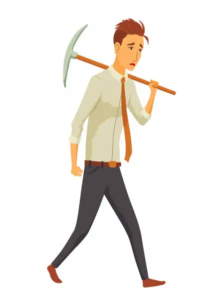 Vector illustration of Businessman fail. Man use pickaxe to dig caves in search valuable treasures. Career development and motivation to achieve great goals concept