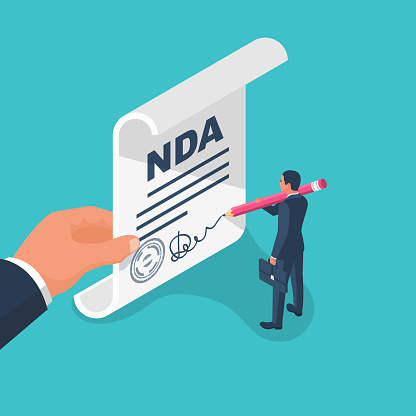 Non disclosure Agreement document with signature and stamp. NDA concept. Businessman signs a privacy document. Vector illustration isometric design.