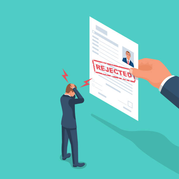 Reject resume. Sad business manager. Job search. Vector Reject resume. Head hunter holds a stamped candidate document rejecting a job application. Sad business manager. Job search. Vector isometric design. Isolated on white background. Bad news about work. fail stamp stock illustrations