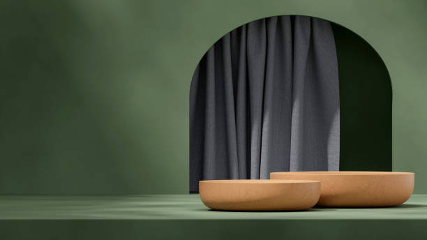 istock with curtain, 3d image render blank mockup wood podium in landscape 2096800967