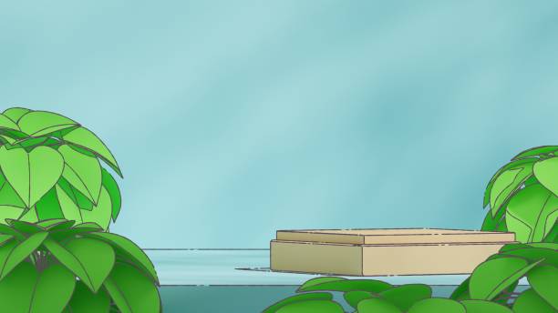 in landscape in hand-drawn style, 3d image render empty scene cylindrical podium