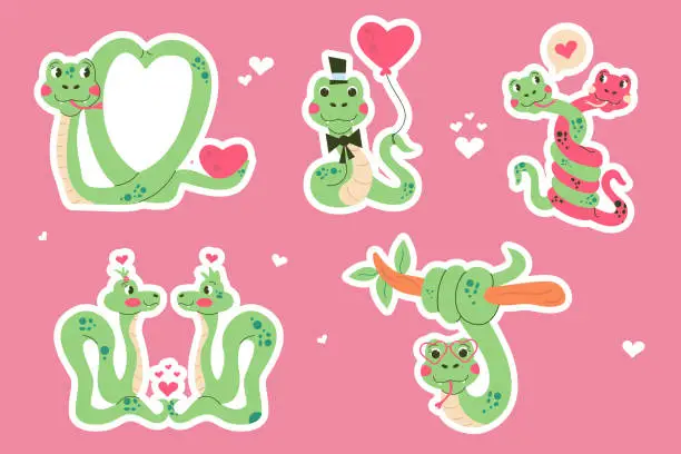 Vector illustration of Set cartoon sticker character Valentines day snake hand drawn