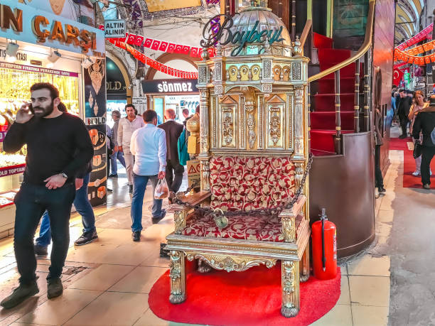 Istanbul, Turkey - October 28, 2019: Throne with Boybeyi logo at the Grand Bazaar in Istanbul. Interior of a famous ancient Turkish market