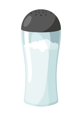 Salt icon. Glass jar, saltcellar with kitchen seasoning, flavoring for sprinkling spicy powder. Ingredient, condiments for food. Vector illustration of spice powder food.