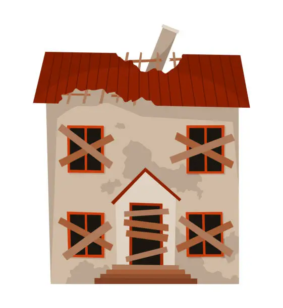 Vector illustration of Old weathered house or dwelling. Abandoned home in bad condition. Bad old trouble building with damaged roof, shabby walls and exterior. Isolated neglected property