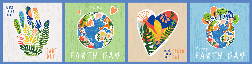 Happy Earth Day greeting card, cover or web banner set. Trendy and cute hand drawn Eco posters on the theme of caring for nature and planet Earth. Make every day Earth day. Art style design template