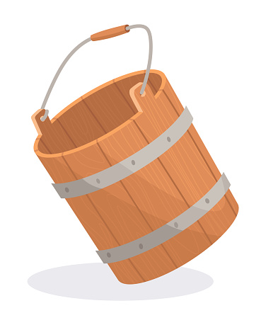 Wooden bucket with handle and without water. Container or empty pail for spa, sauna. Vector illustration isolated on white background.