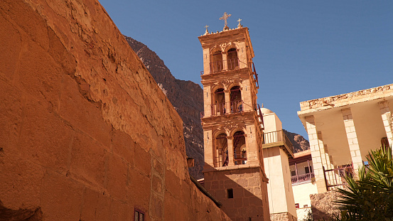 The tower on the background of the mountains in the monastery of St. Catherine. Sinai Egypt
