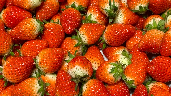 Directly above view of fresh strawberries.\nbackground from freshly harvested strawberries.