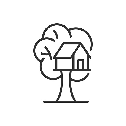 Tree house, linear icon, building built on a tree. Line with editable stroke