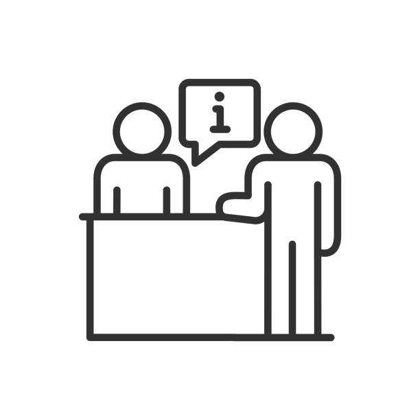 ilustrações, clipart, desenhos animados e ícones de balcão de informações, recepção, ícone linear. pessoa responde a uma pergunta na mesa, conta informações para outra pessoa. conselheiro. linha com traçado editável - recepção de hotel