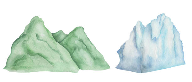 ilustrações, clipart, desenhos animados e ícones de conjunto de ilustrações em aquarela. montanha verde pintada à mão, colina na grama. iceberg azul, branco, gelo flutuante. banquisa. geleira no mar, oceano ártico, antártica. alpinismo. clip-art de natureza isolada - glacier mountain ice european alps