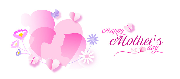 Happy Mother's Day greeting card template of mom with child and pink heart shape composition