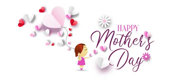 Vector illustration of Mother's Day greeting card with flying hearts, cute tinie girl and balloons