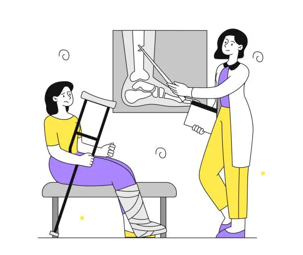 Vector illustration of Woman with broken leg vector linear
