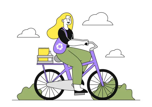 Vector illustration of Woman at eco bicycle vector linear