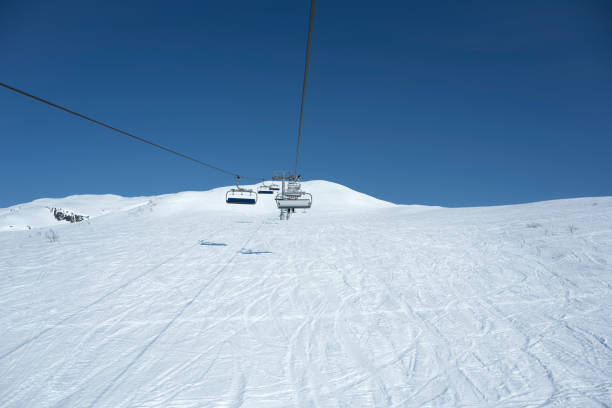 View from a ski slope at Myrkdalen Alpine Ski Resort in Norway, Scandinavia, Europe in winter (April).