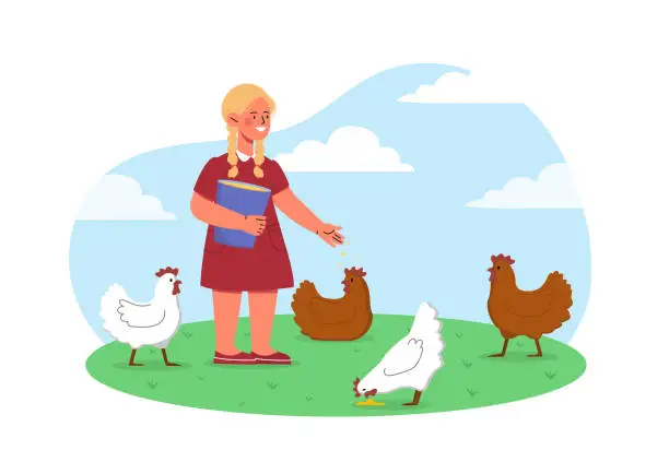 Vector illustration of Girl feeds chickens vector concept