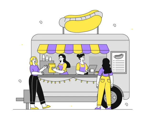 Vector illustration of People with food truck vector linear