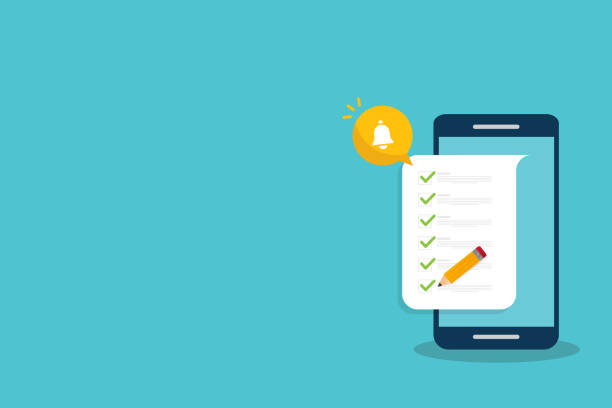 istock Check list document on smartphone, smartphone with paper check list and to do list with checkboxes, concept of survey, online quiz, completed things or done test, feedback. 2096888331