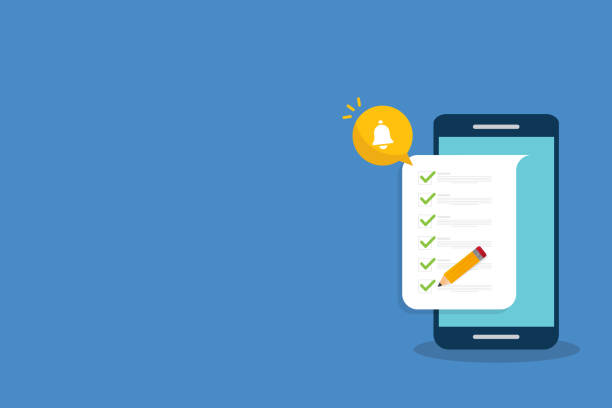 istock Check list document on smartphone, smartphone with paper check list and to do list with checkboxes, concept of survey, online quiz, completed things or done test, feedback. 2096889373