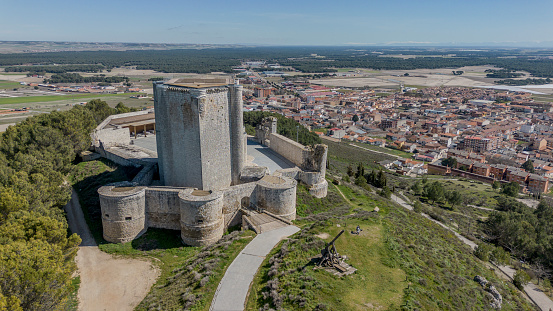 Panoramic aerial view of the castle of Iscar, Valladolid, Spain