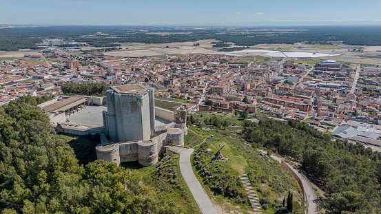 Panoramic aerial view of the town of Iscar and its castle, Valladolid, Spain