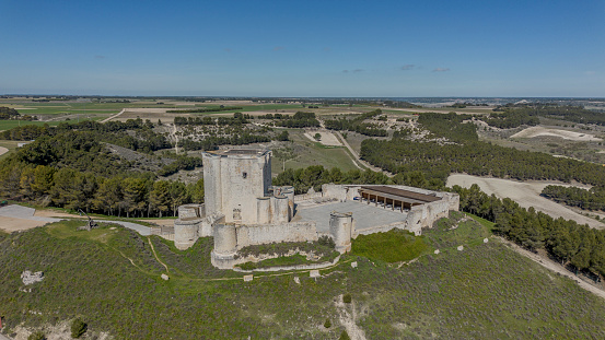 Panoramic aerial view of the castle of Iscar, Valladolid, Spain