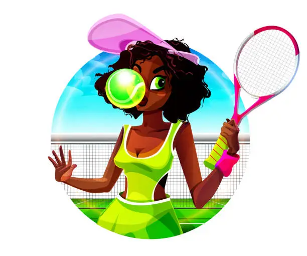 Vector illustration of Concept of game sport and victory in cartoon style. Young beautiful girl tennis player with a tennis ball and sports racket on an isolated background of a tennis court. Stylish vector illustration in shape circle.