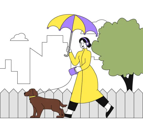Vector illustration of Woman walking with dog vector linear