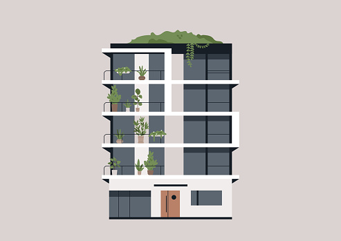 Urban Oasis, Verdant Balconies Adorn a Modern Condo at Twilight, A modern housing estate becomes a vertical garden with lush plants on each balcony