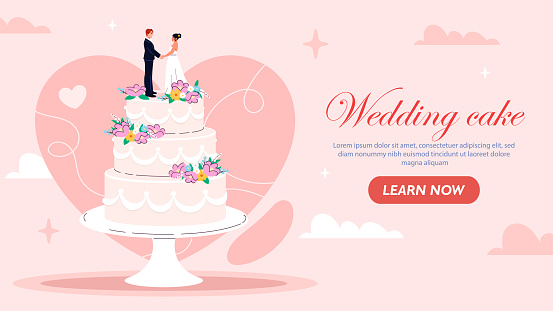 Wedding cake poster. Man in suit and woman in white dress at cae. Dessert and delicacy. Love and romance. Husband and wife. Landing webpage design. Cartoon flat vector illustration